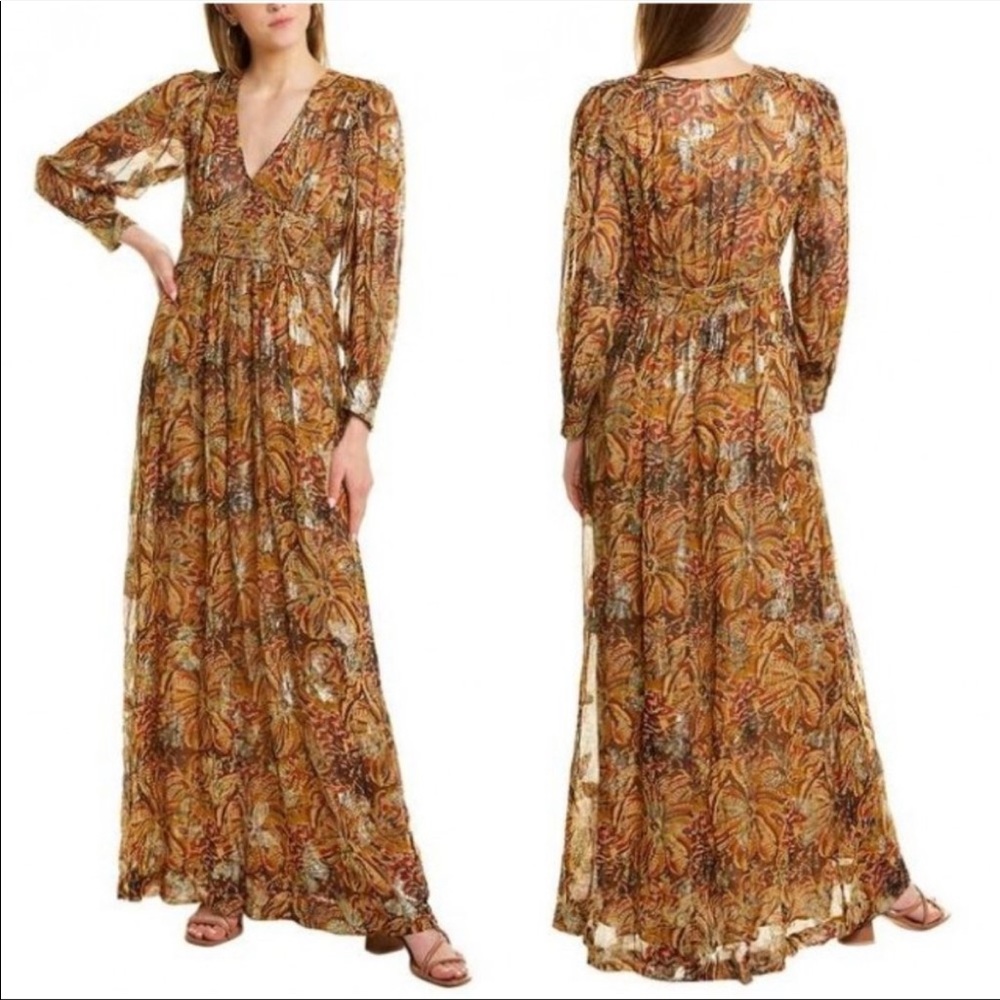 ba&sh Quartz Long sleeve Maxi Dress Gold floral.  Fits like 6/8- size M.